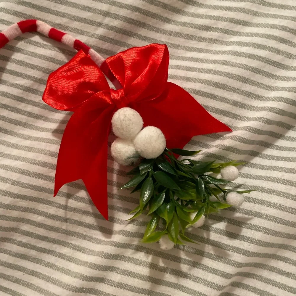 Red and Pink Striped Mistletoe Holiday Headband with Feather Accent